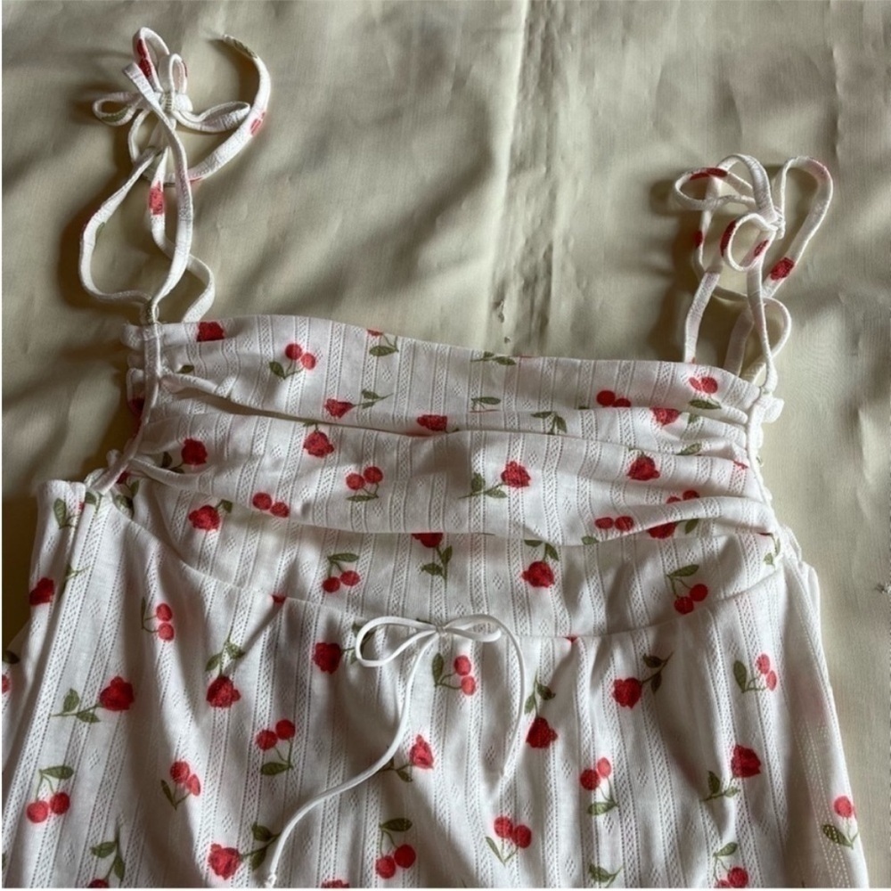 For Love And Lemon- White Mini Dress Rose Cherry Patterns Pointelle Dress Size L - Picture 6 of 12